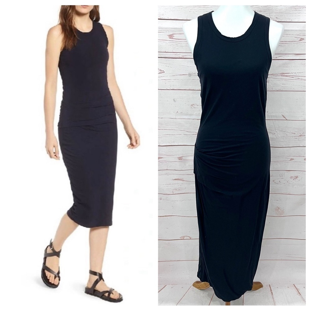 James Perse Los Angeles Sleeveless Ruched Skinny Tucked Black Midi Tank Dress 4